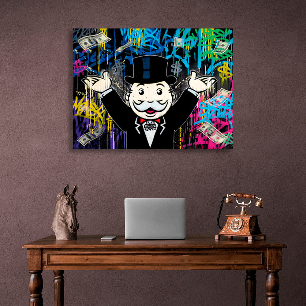 Kunstdruck auf Leinwand mit dem Motiv „Alec Monopoly“ im Hintergrund des Geld-Graffiti