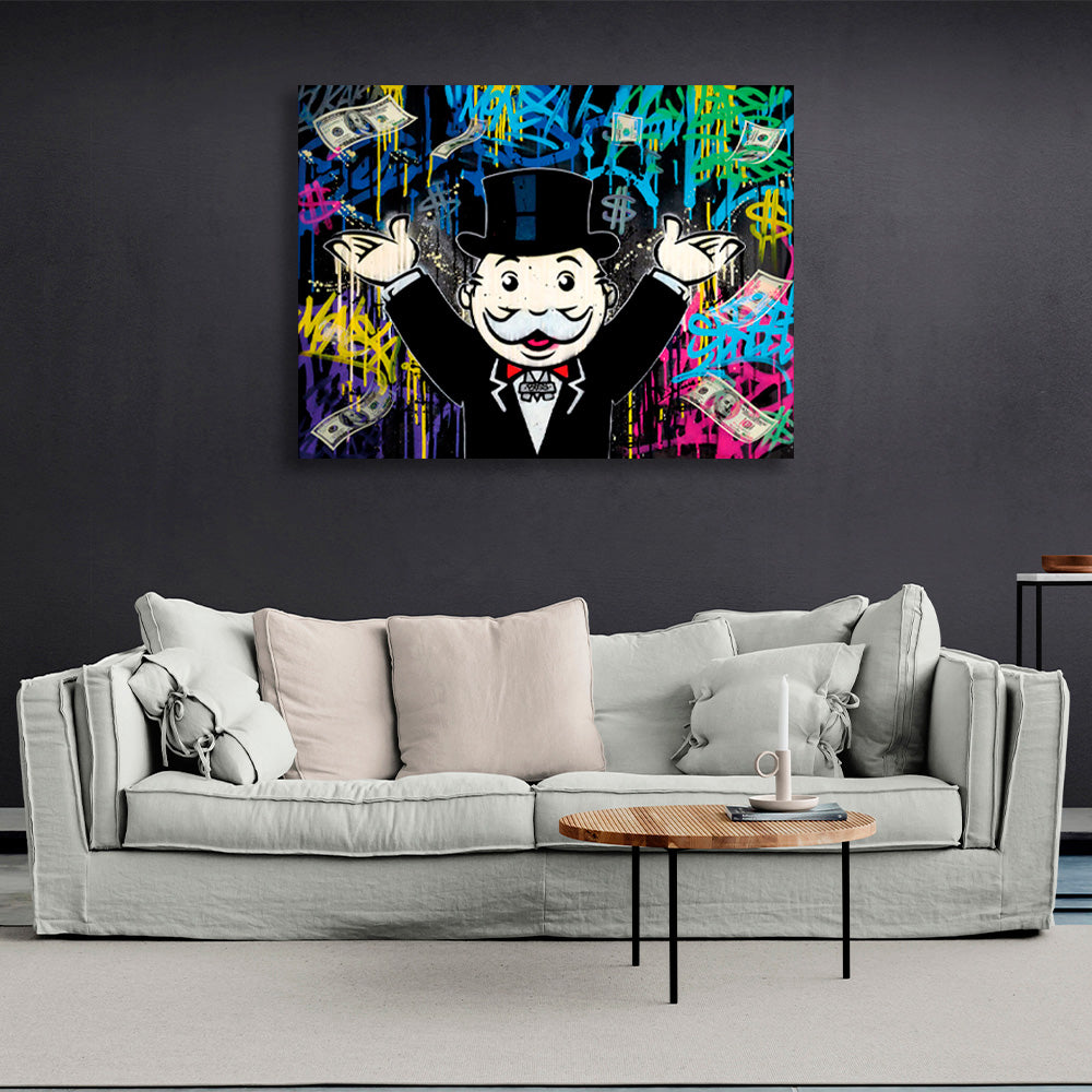 Alec Monopoly in the background of the money graffiti Canvas Wall Art Print