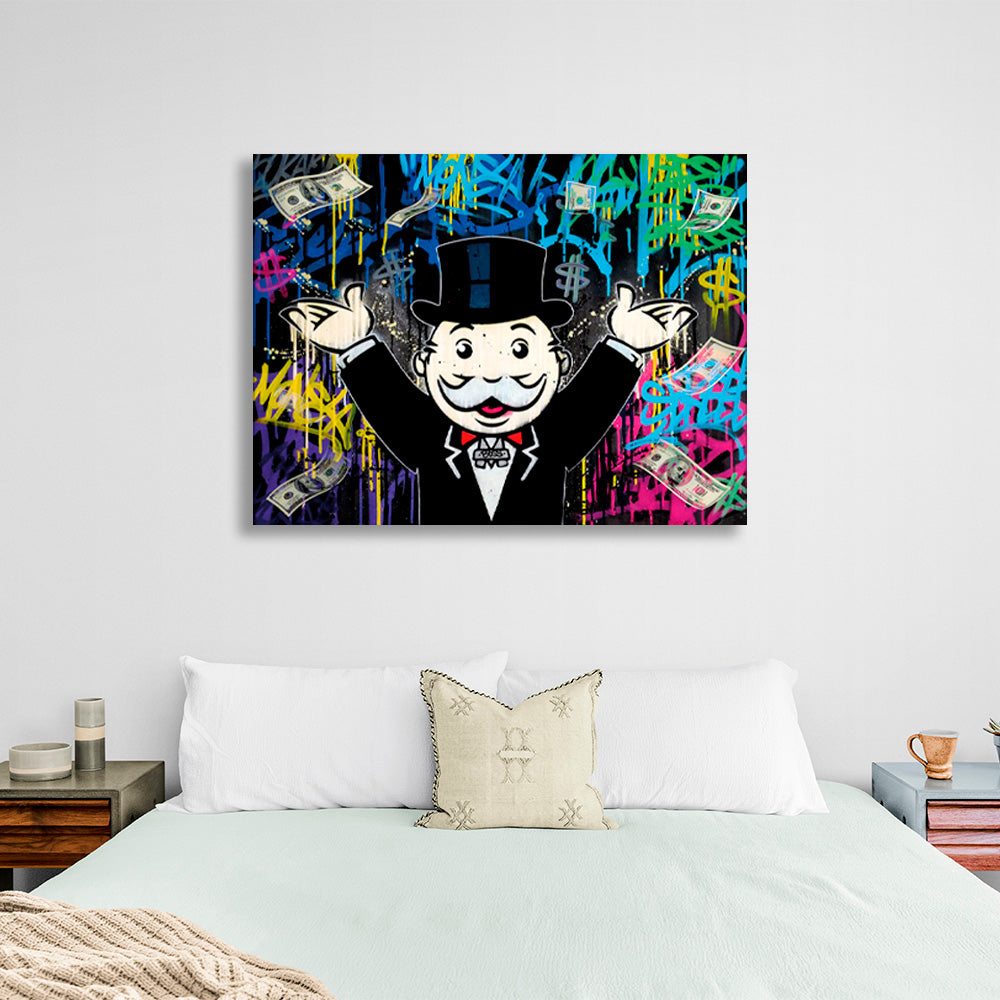 Kunstdruck auf Leinwand mit dem Motiv „Alec Monopoly“ im Hintergrund des Geld-Graffiti