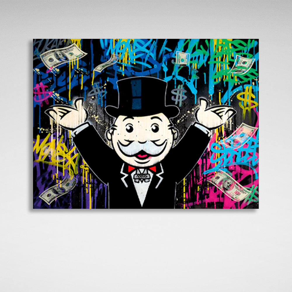 Kunstdruck auf Leinwand mit dem Motiv „Alec Monopoly“ im Hintergrund des Geld-Graffiti