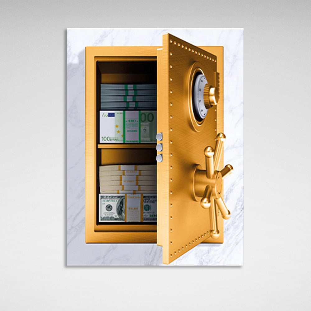 Open safe with money in the wall Inspirational Canvas Wall Art Print