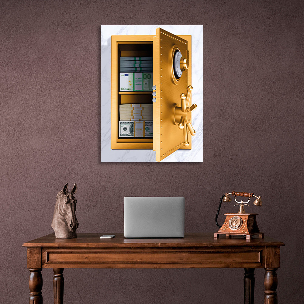 Open safe with money in the wall Inspirational Canvas Wall Art Print