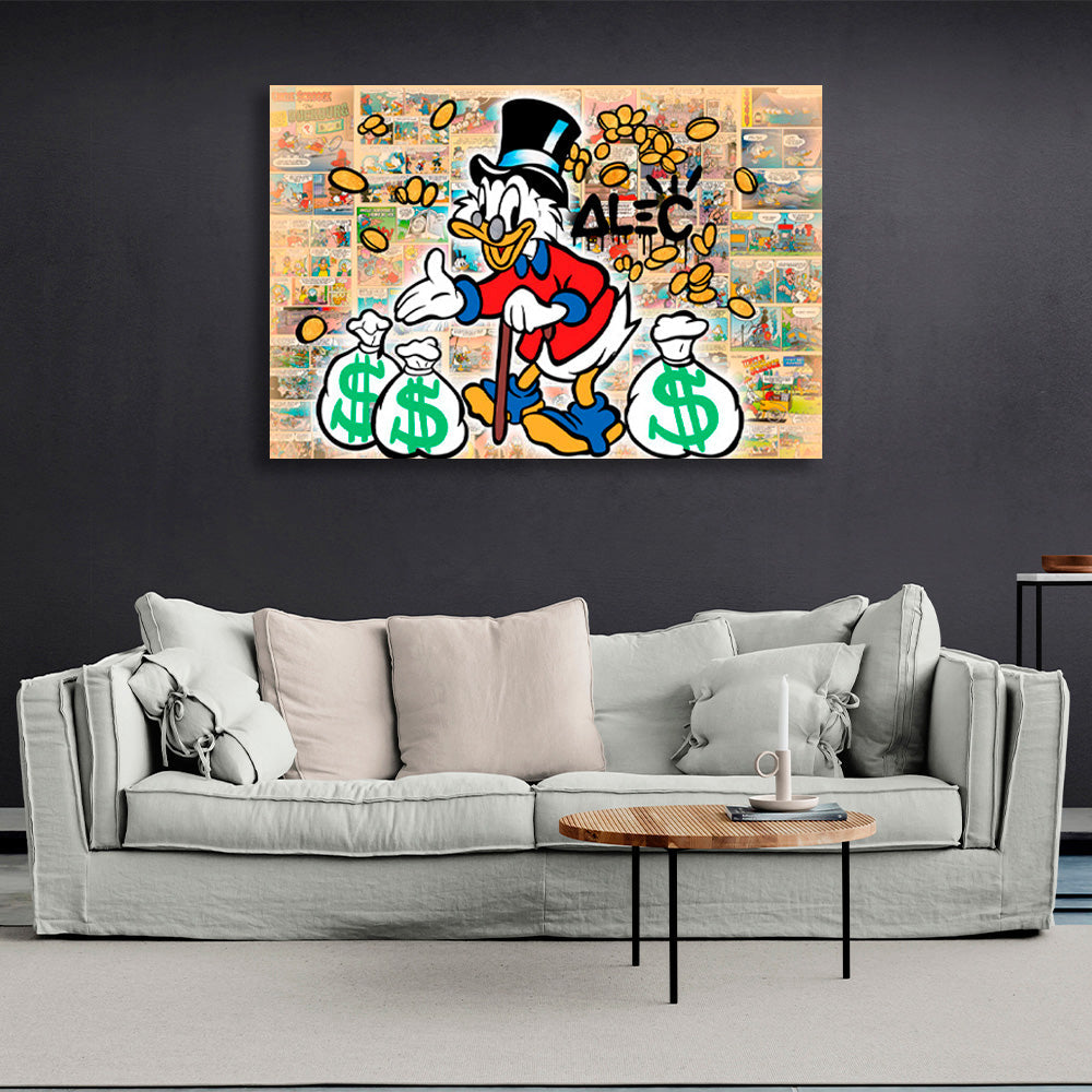 Scrooge with three white bags of gold in a comic book background Inspirational Canvas Wall Art Print