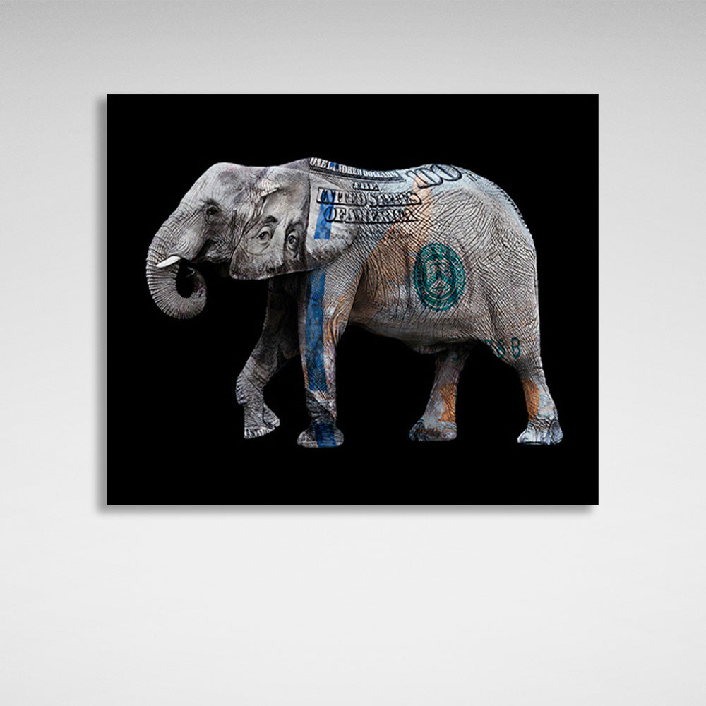 Ein Elefant in der Farbe eines Dollars. Inspirierender Kunstdruck auf Leinwand.