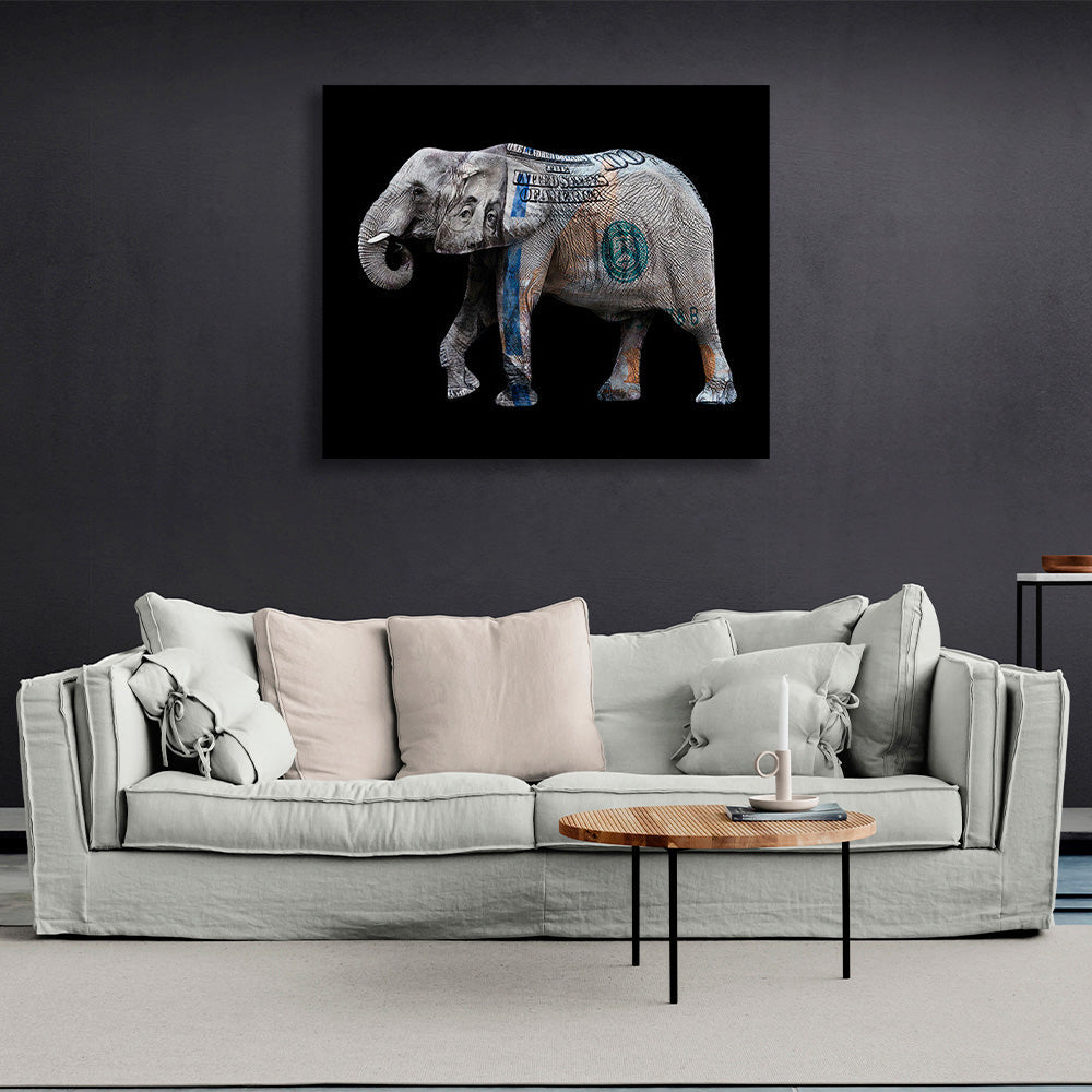 Ein Elefant in der Farbe eines Dollars. Inspirierender Kunstdruck auf Leinwand.