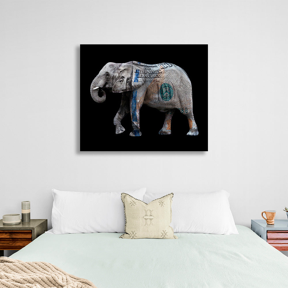 Ein Elefant in der Farbe eines Dollars. Inspirierender Kunstdruck auf Leinwand.