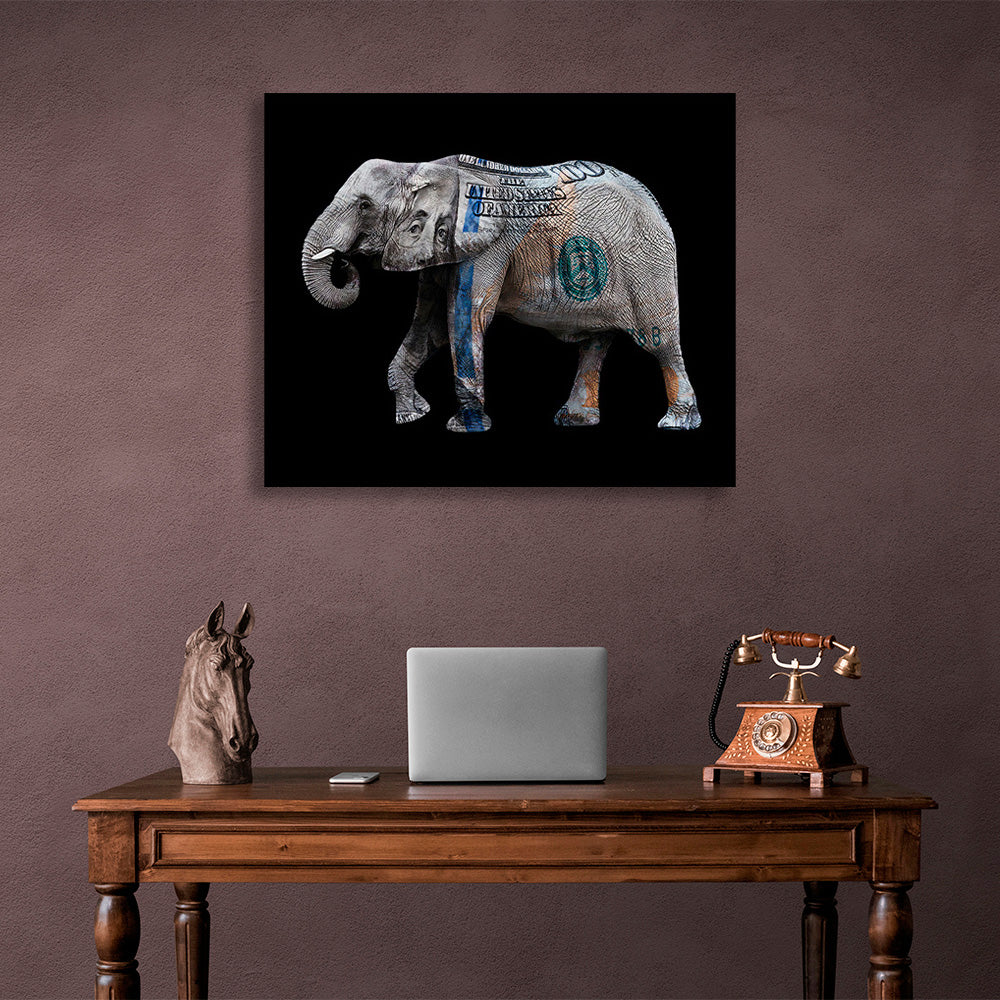 Ein Elefant in der Farbe eines Dollars. Inspirierender Kunstdruck auf Leinwand.