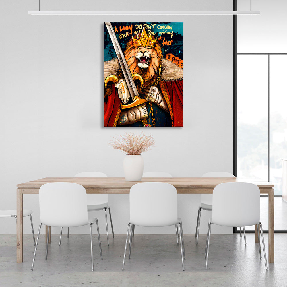 A lion man with a crown and a sword in his hands Motivational Canvas Wall Art Print