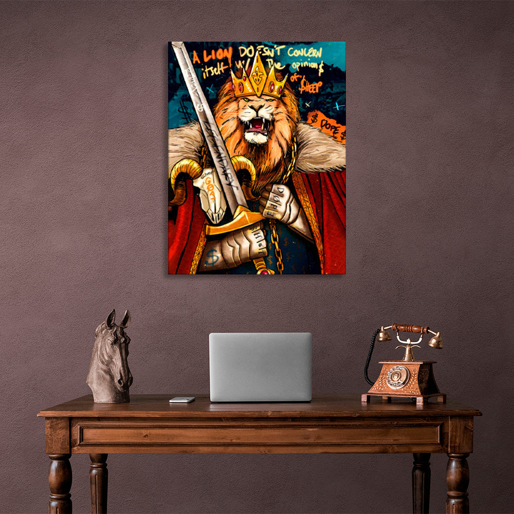 A lion man with a crown and a sword in his hands Motivational Canvas Wall Art Print