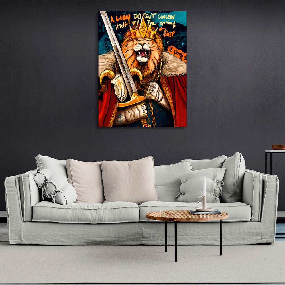 A lion man with a crown and a sword in his hands Motivational Canvas Wall Art Print