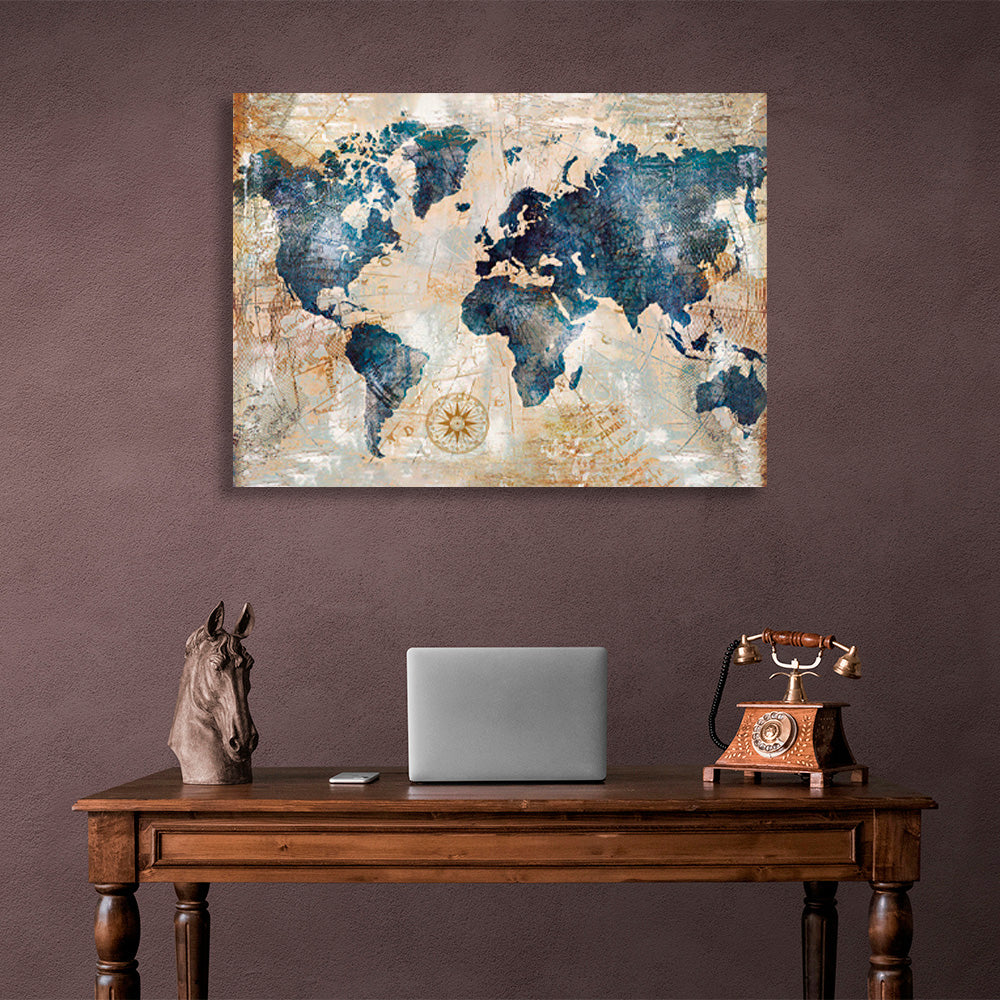 Map in gold and blue colors Canvas Wall Art Print