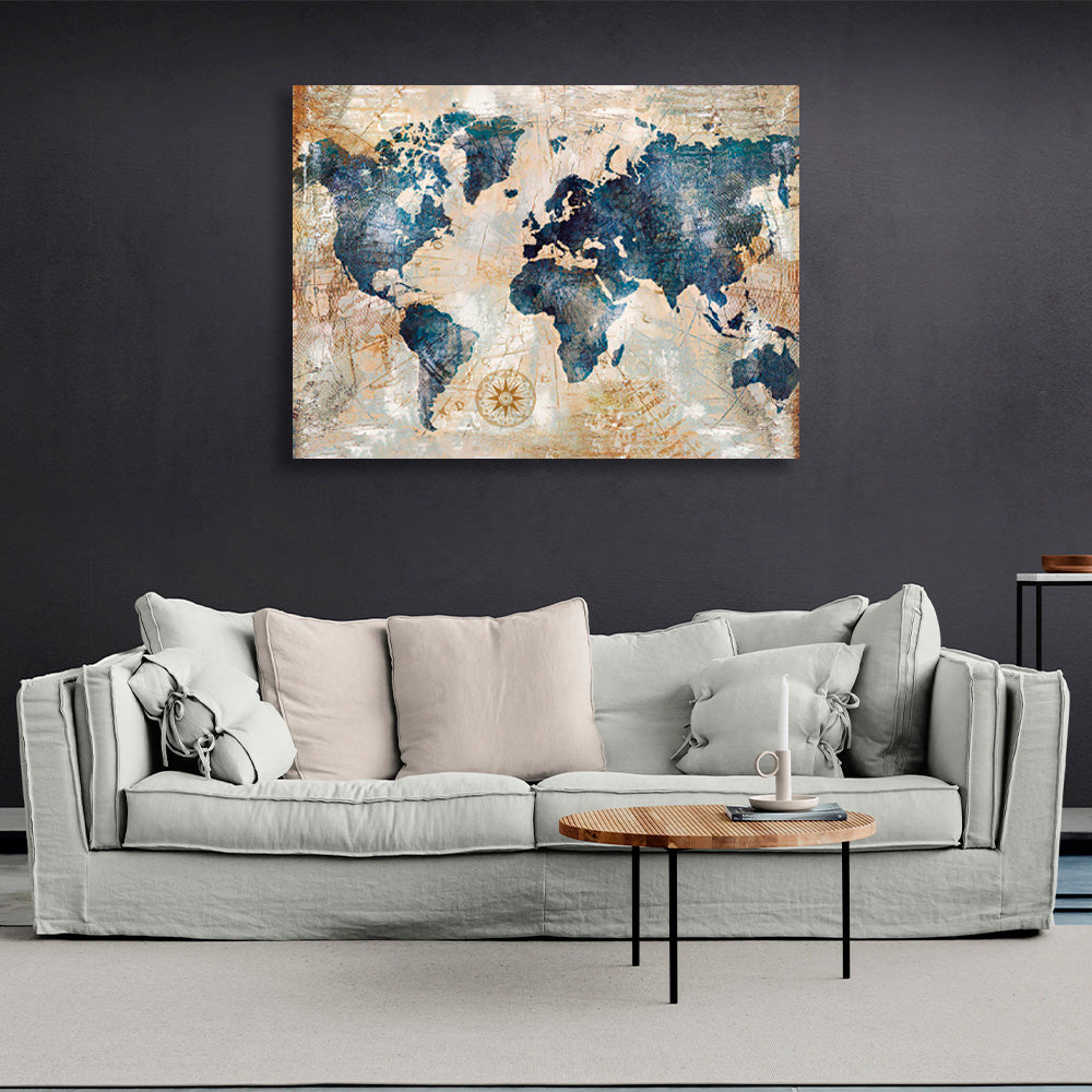 Map in gold and blue colors Canvas Wall Art Print