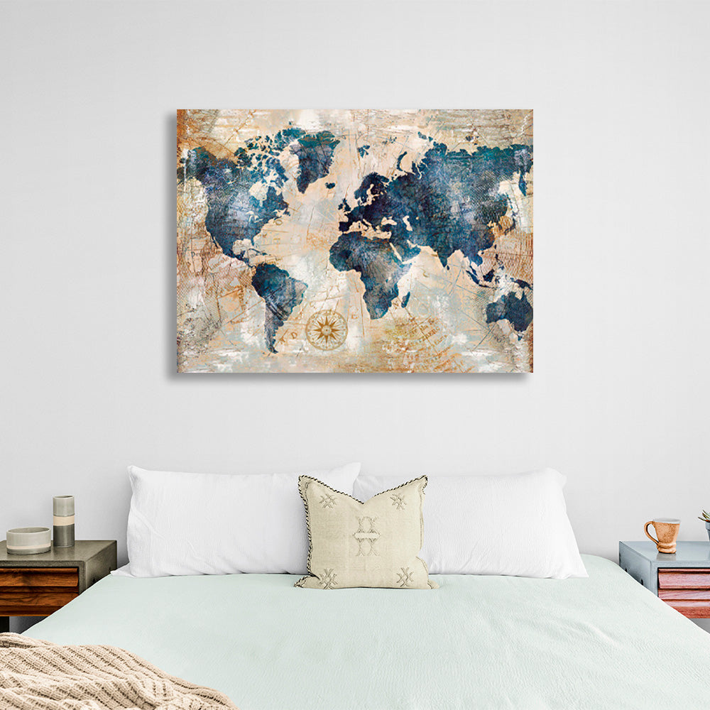 Map in gold and blue colors Canvas Wall Art Print