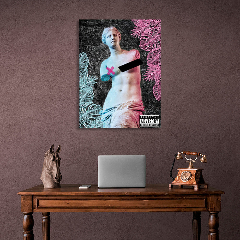 Greek statue against a backdrop of tropical leaves in pink and blue colors Canvas Wall Art Print