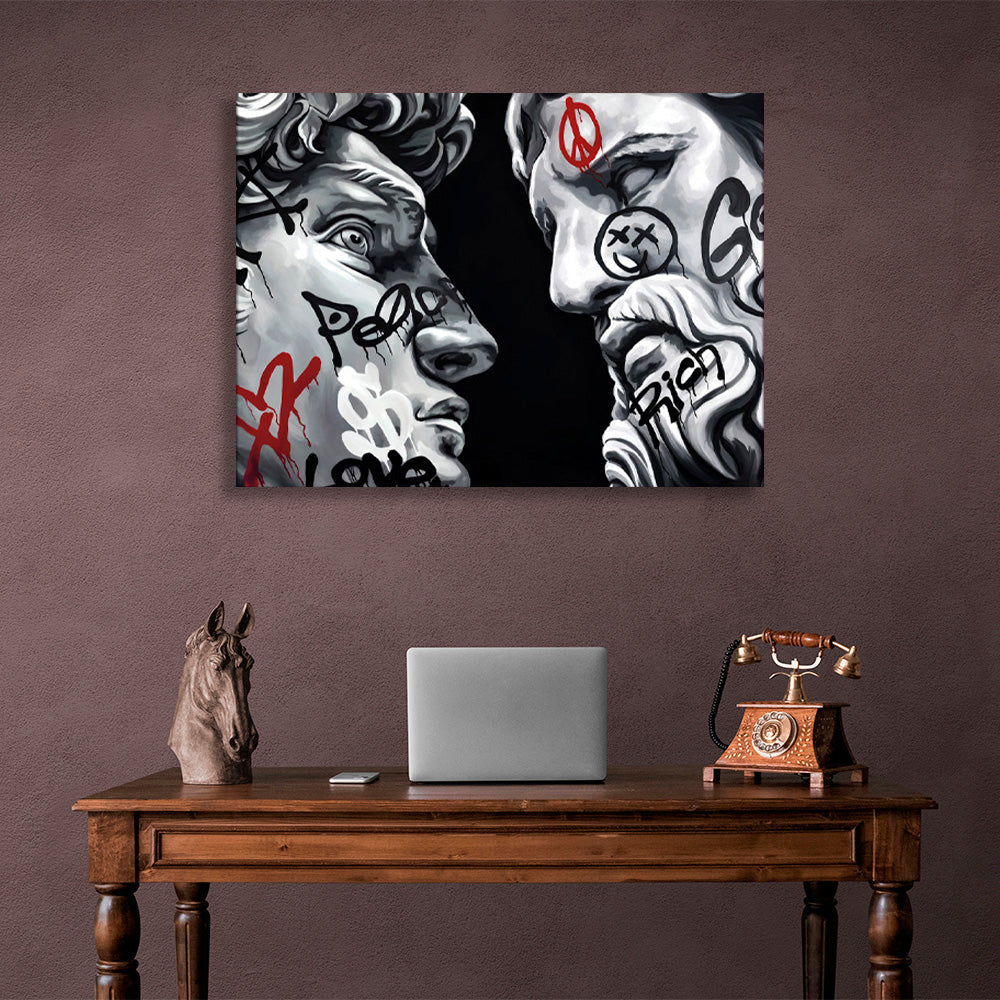 Two Greek sculptures on a black background Canvas Wall Art Print