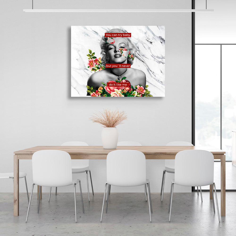 Merlin Monroe mit Blumen auf weißem und grauem Hintergrund mit der Aufschrift „Inspirational Wall Art Print“