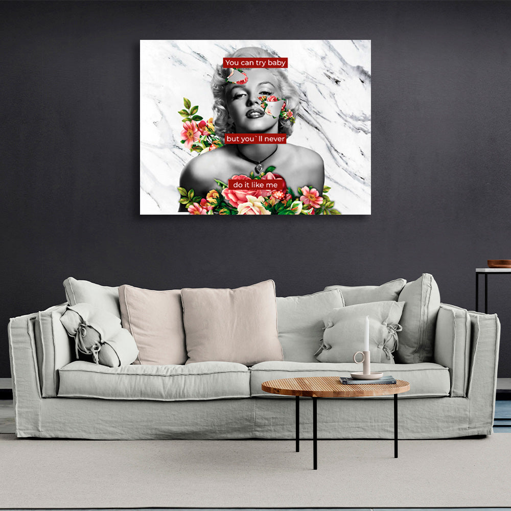 Merlin Monroe mit Blumen auf weißem und grauem Hintergrund mit der Aufschrift „Inspirational Wall Art Print“