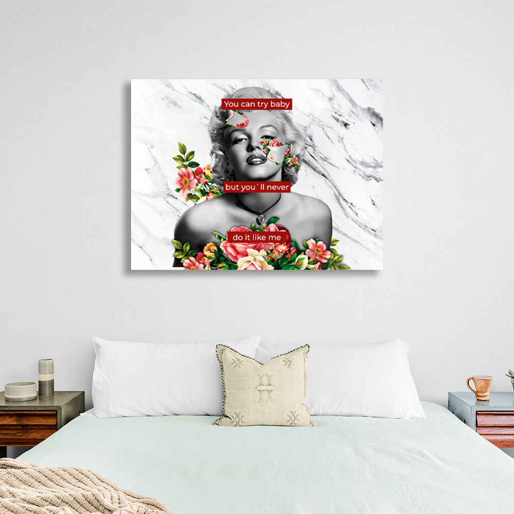 Merlin Monroe mit Blumen auf weißem und grauem Hintergrund mit der Aufschrift „Inspirational Wall Art Print“