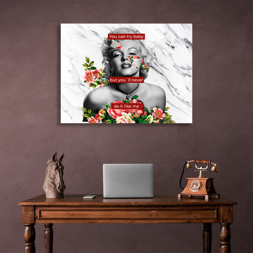 Merlin Monroe mit Blumen auf weißem und grauem Hintergrund mit der Aufschrift „Inspirational Wall Art Print“