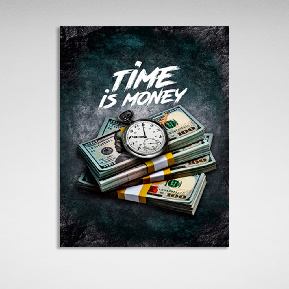 """Time for Money"" over dollars and clocks Inspirational Canvas Wall Art Print"