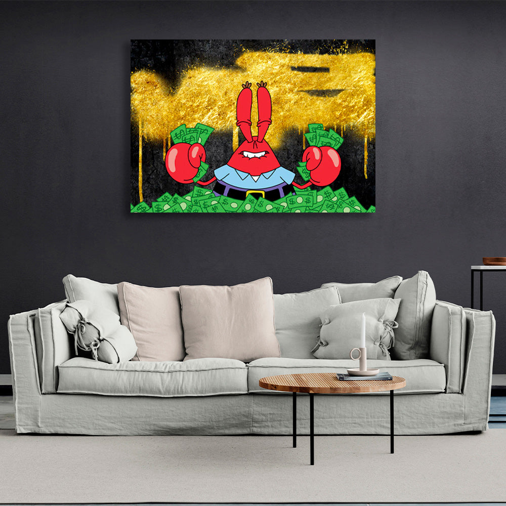 Mr. Krabs in einem Haufen Geld auf einem schwarz-goldenen Hintergrund. Inspirierender Kunstdruck auf Leinwand.