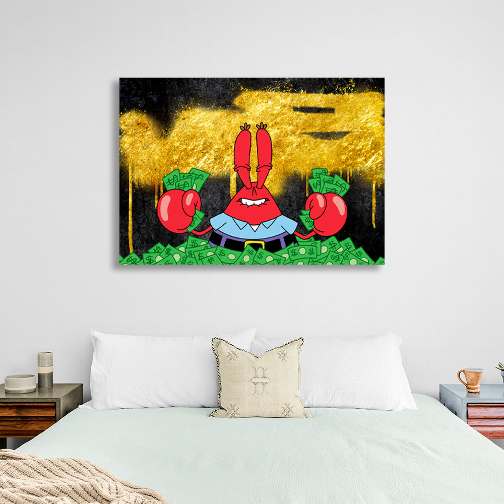 Mr. Krabs in einem Haufen Geld auf einem schwarz-goldenen Hintergrund. Inspirierender Kunstdruck auf Leinwand.