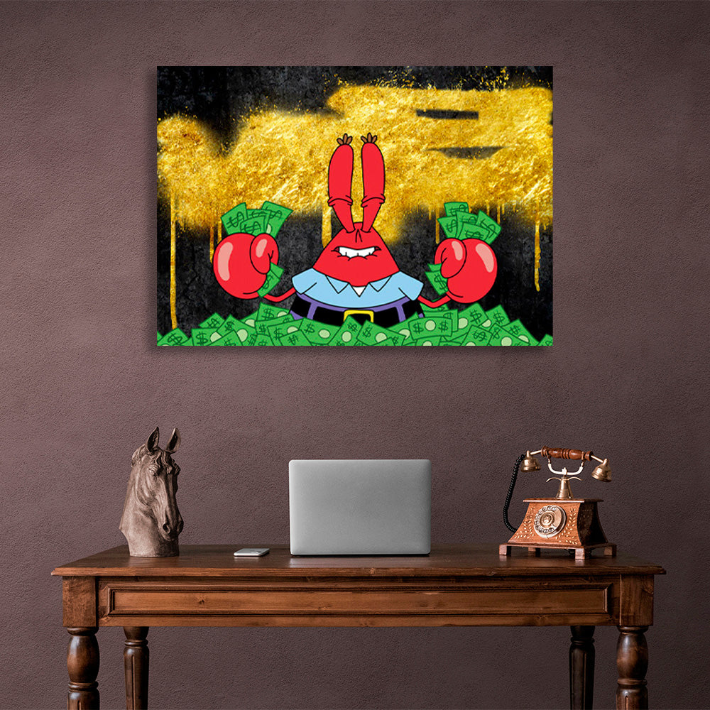 Mr. Krabs in einem Haufen Geld auf einem schwarz-goldenen Hintergrund. Inspirierender Kunstdruck auf Leinwand.