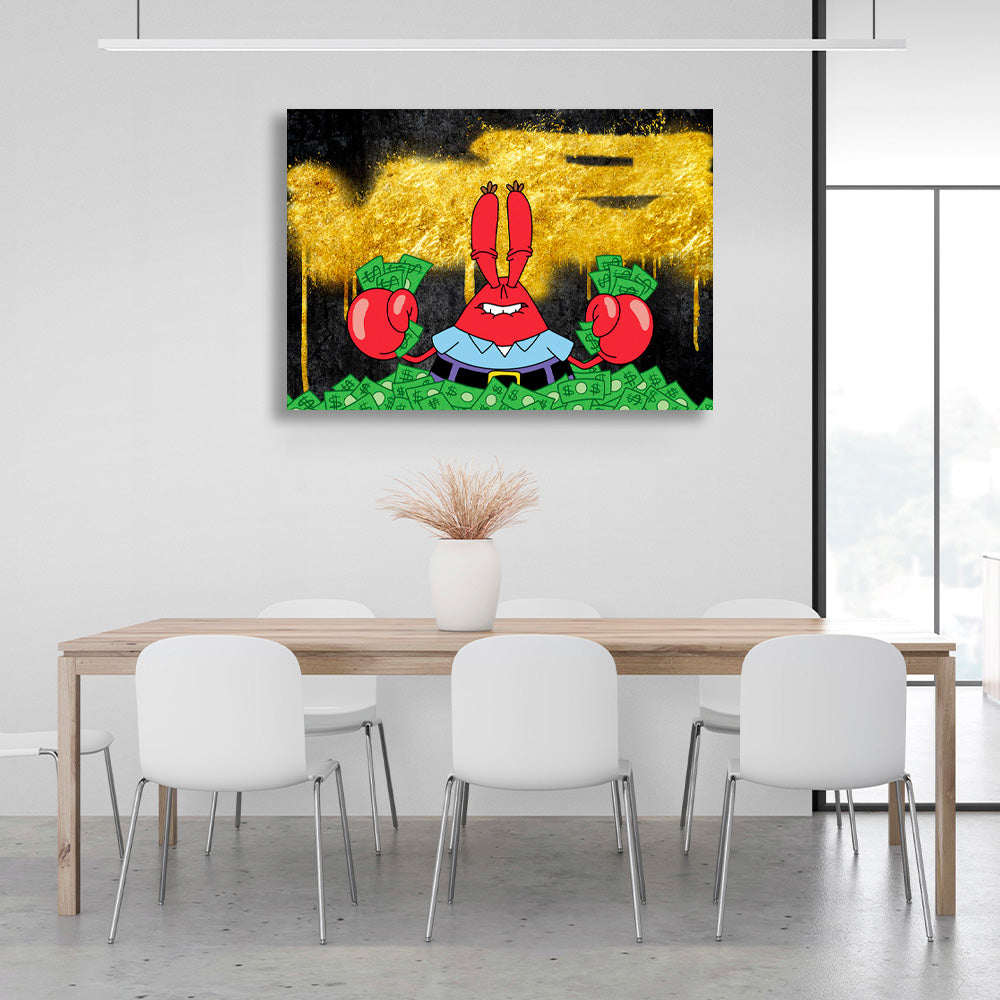 Mr. Krabs in einem Haufen Geld auf einem schwarz-goldenen Hintergrund. Inspirierender Kunstdruck auf Leinwand.