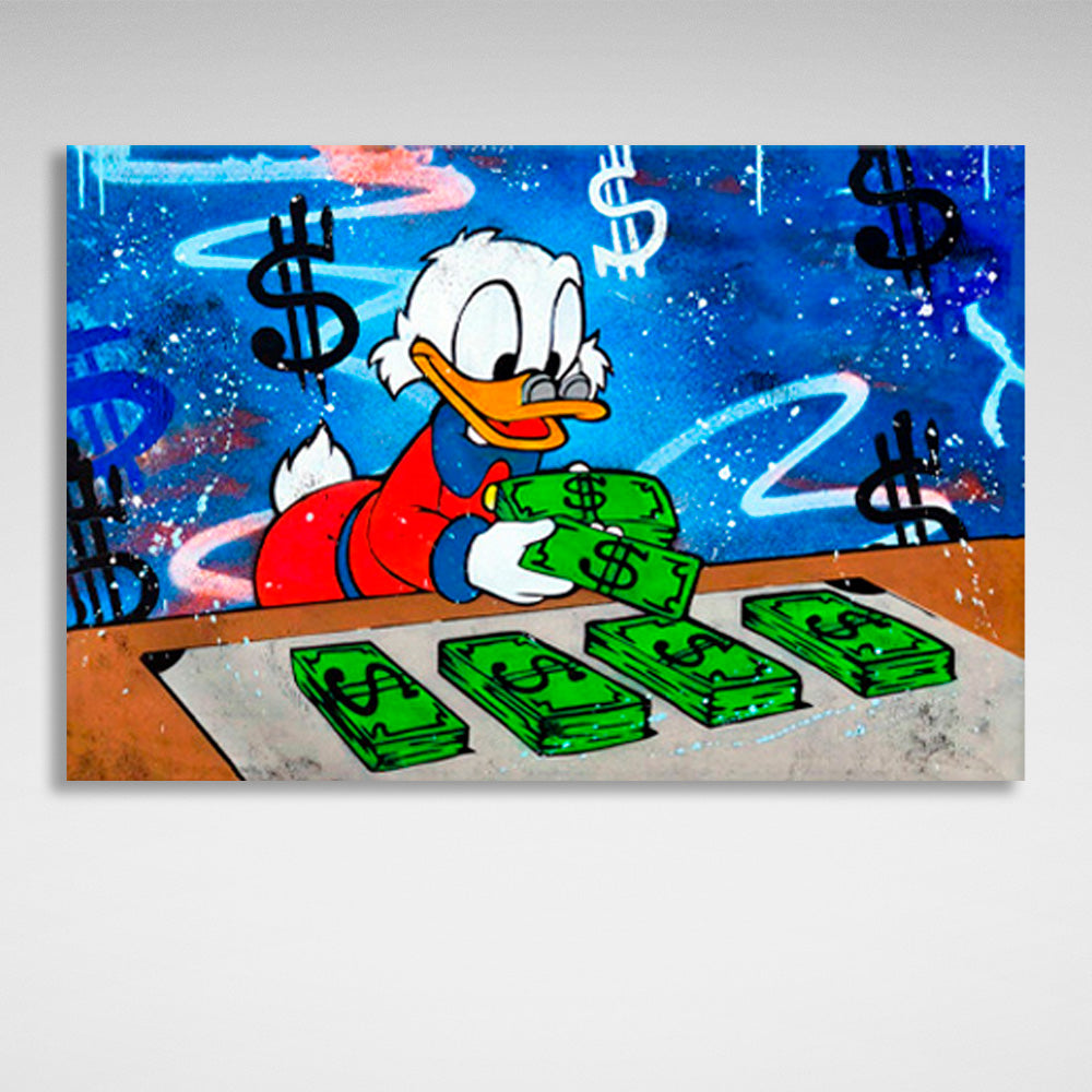 Inspirierender Kunstdruck auf Leinwand, Motiv „Scrooge zählt Dollar“,