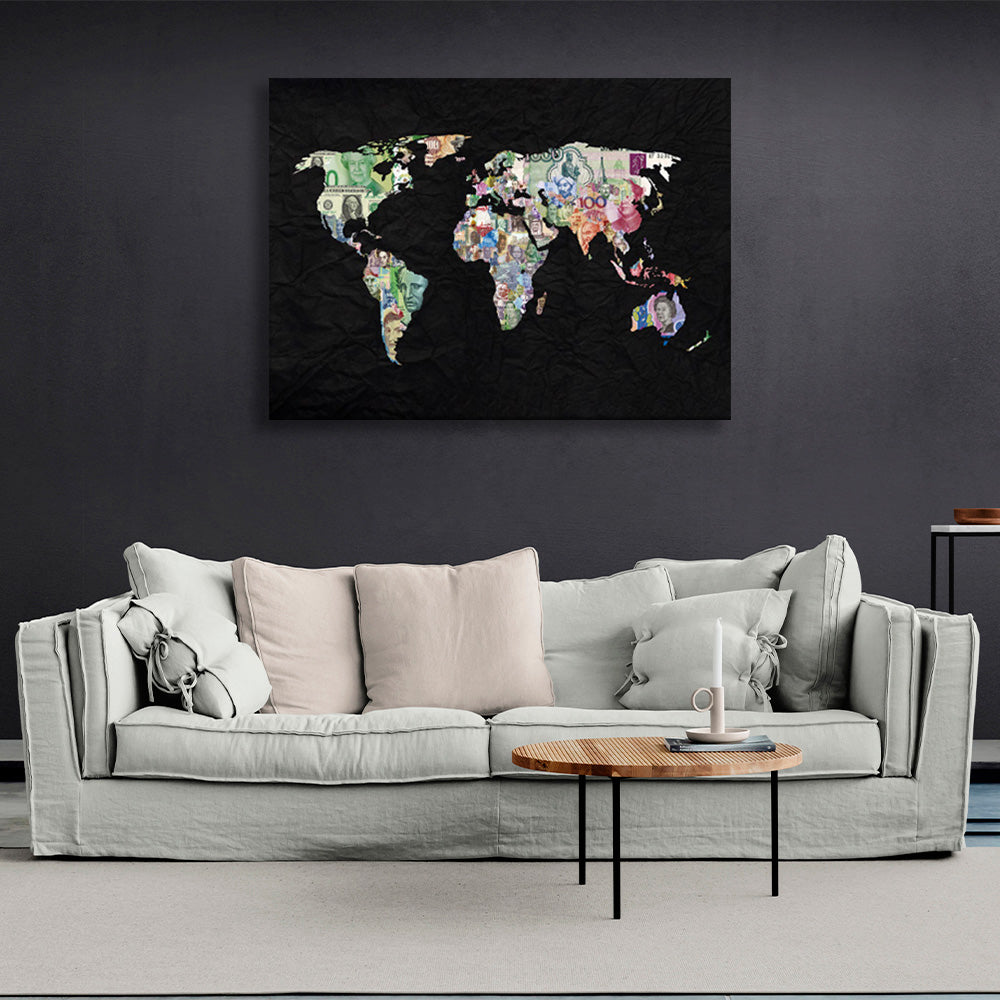 World map with money on black background Canvas Wall Art Print