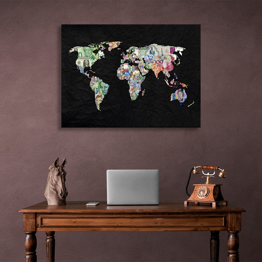 World map with money on black background Canvas Wall Art Print