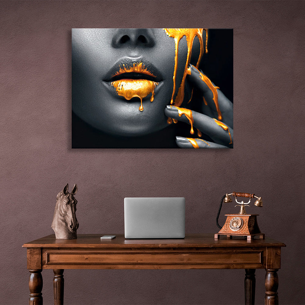 A swarthy girl with bright gold paint Canvas Wall Art Print