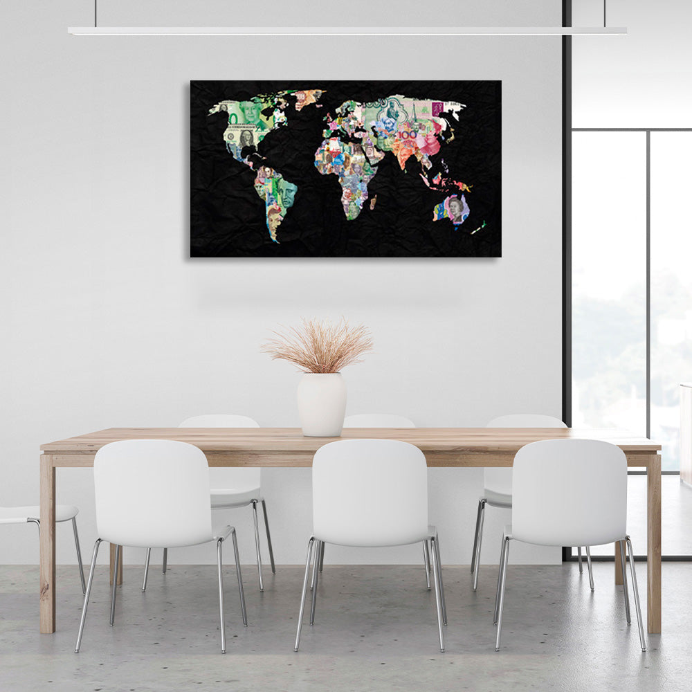 Multicolored world map on black background Canvas Wall Art Print