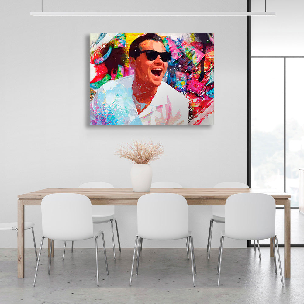 Leonardo DiCaprio trägt eine schwarze Sonnenbrille in verschiedenen Schattierungen. Motivierender Kunstdruck auf Leinwand.