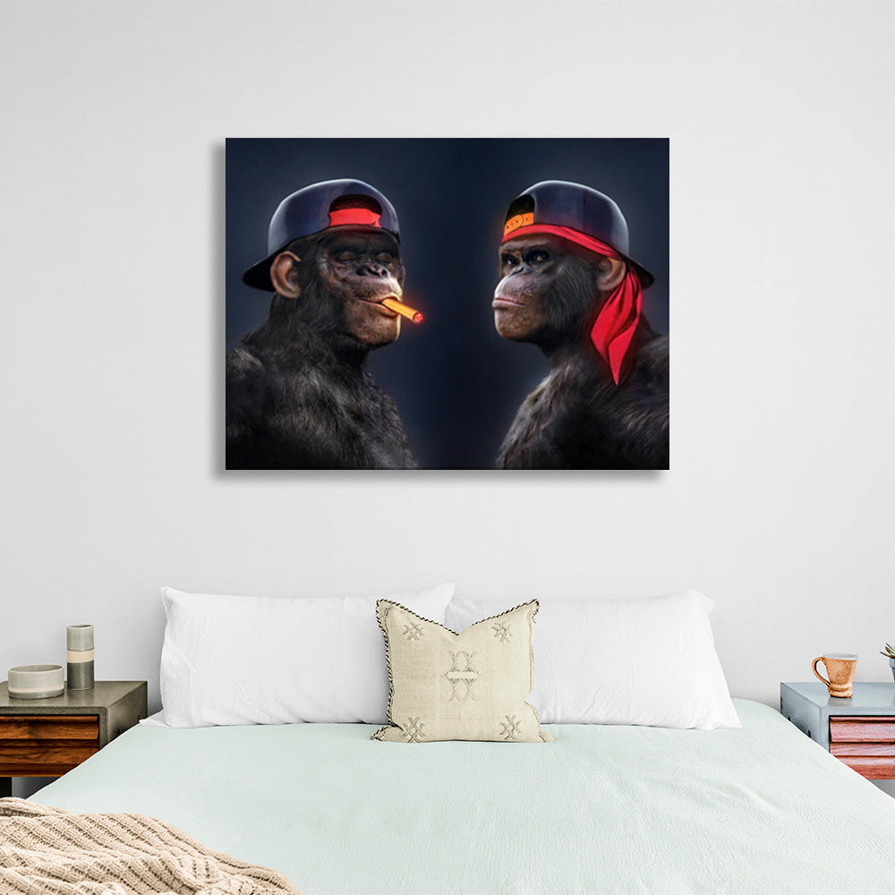 Two black gorillas with caps and one cigar Canvas Wall Art Print