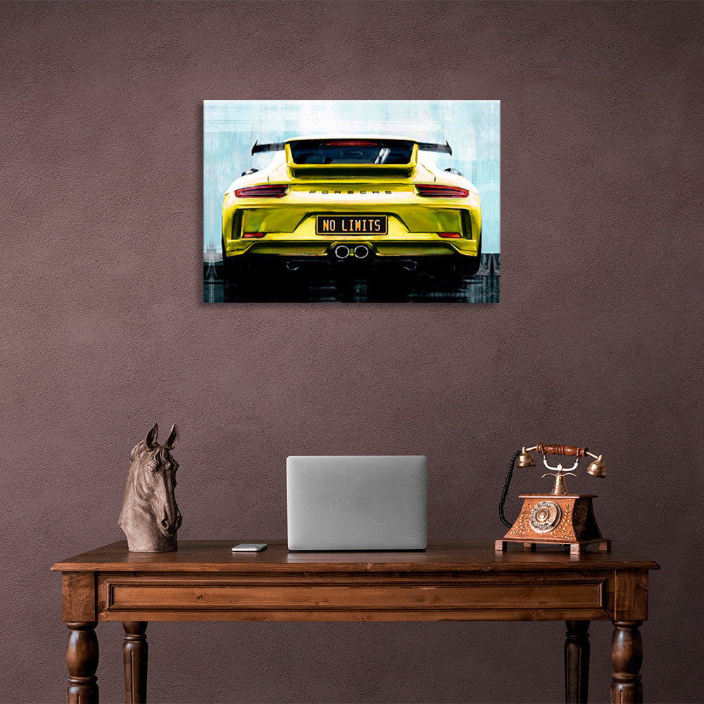 Porsche on the back of the "no limit" license plates Canvas Wall Art Print