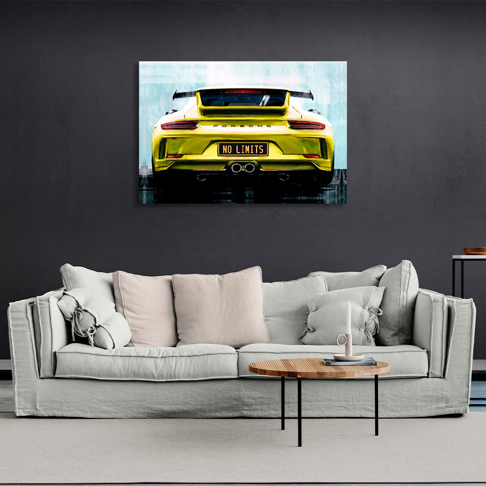 Porsche auf der Rückseite der "No Limit" Nummernschilder Leinwand Wand Kunstdruck