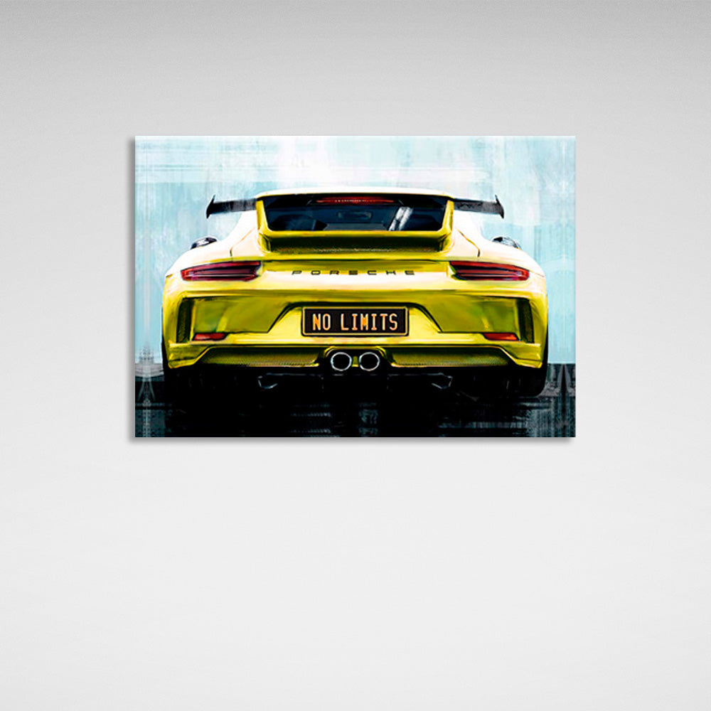 Porsche on the back of the "no limit" license plates Canvas Wall Art Print