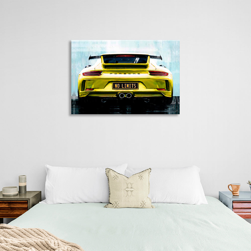 Porsche auf der Rückseite der "No Limit" Nummernschilder Leinwand Wand Kunstdruck