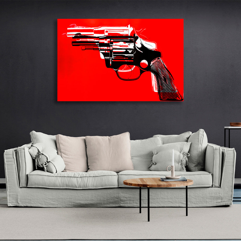 Revolver on a red background Canvas Wall Art Print