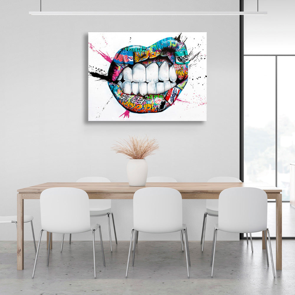 Graffiti-style lips on a white background with paint stains Canvas Wall Art Print