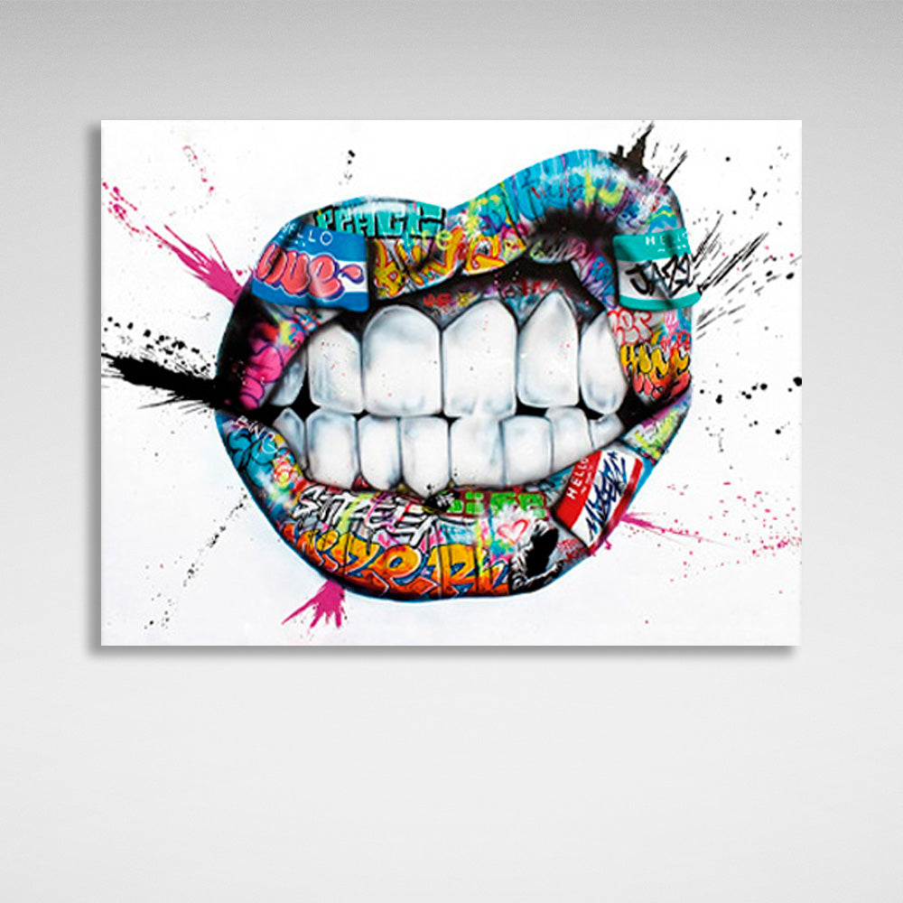 Graffiti-style lips on a white background with paint stains Canvas Wall Art Print