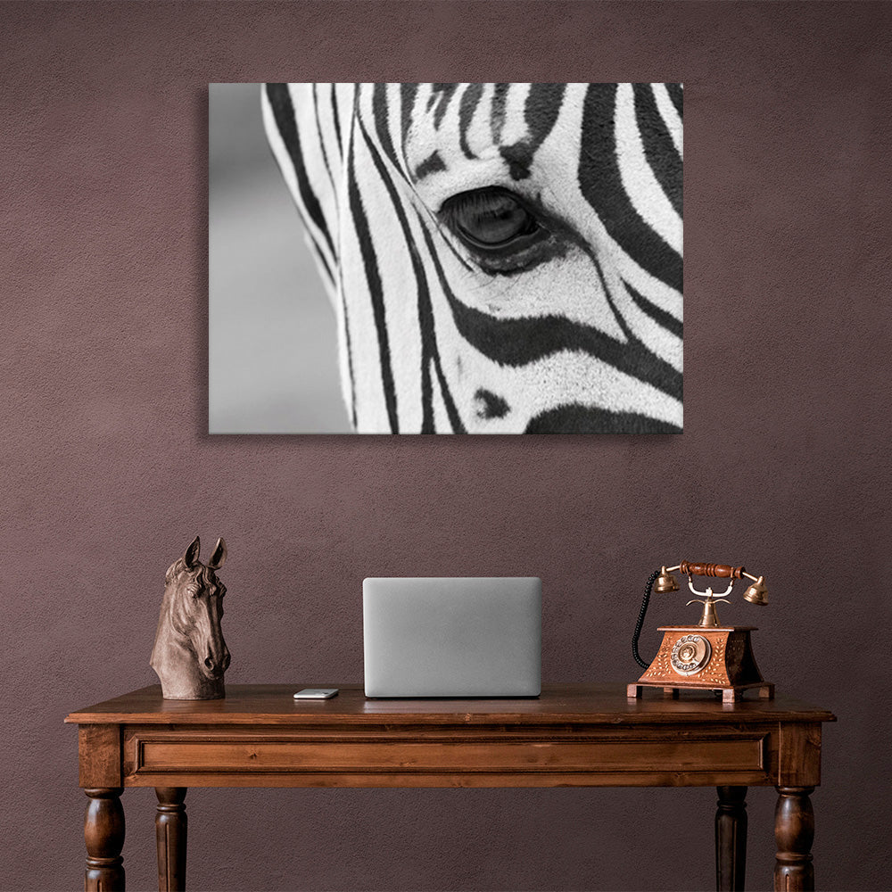 Kunstdruck auf Leinwand mit Zebra-Motiv, grauem Hintergrund