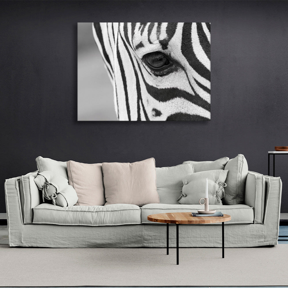 Kunstdruck auf Leinwand mit Zebra-Motiv, grauem Hintergrund