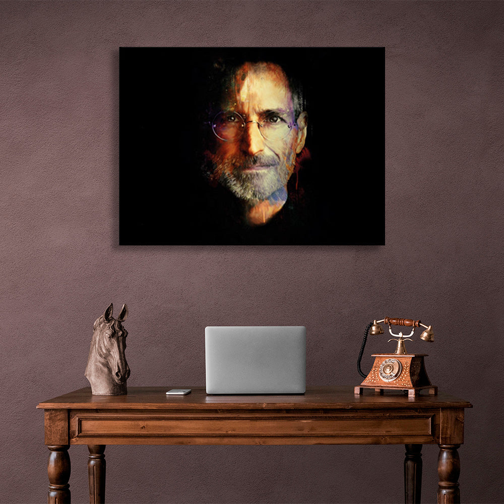 Kunstdruck auf Leinwand mit Steve Jobs auf schwarzem Hintergrund