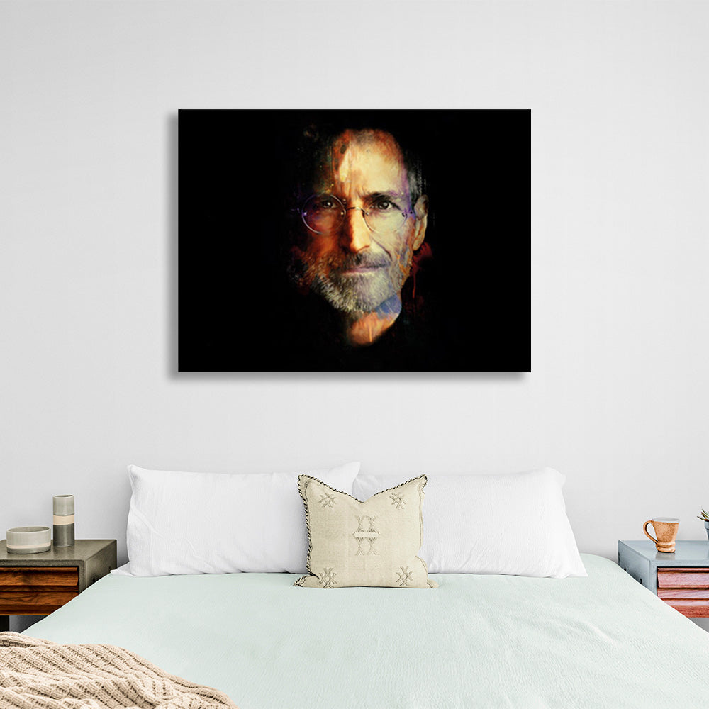 Kunstdruck auf Leinwand mit Steve Jobs auf schwarzem Hintergrund