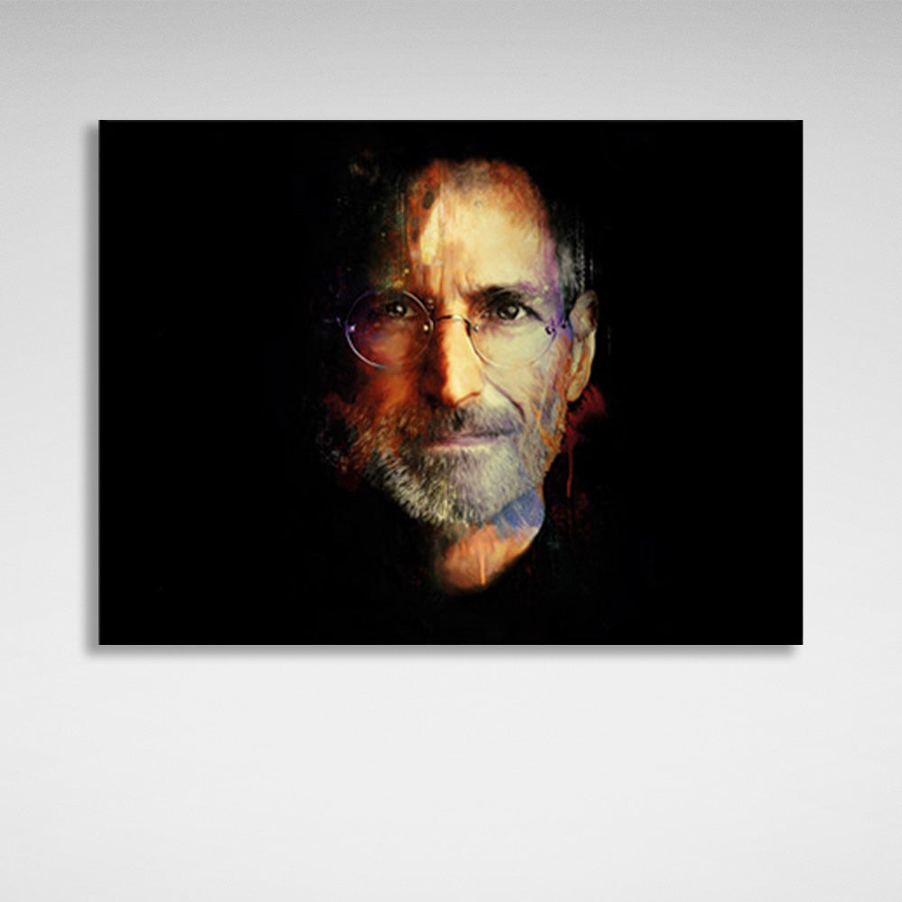 Kunstdruck auf Leinwand mit Steve Jobs auf schwarzem Hintergrund