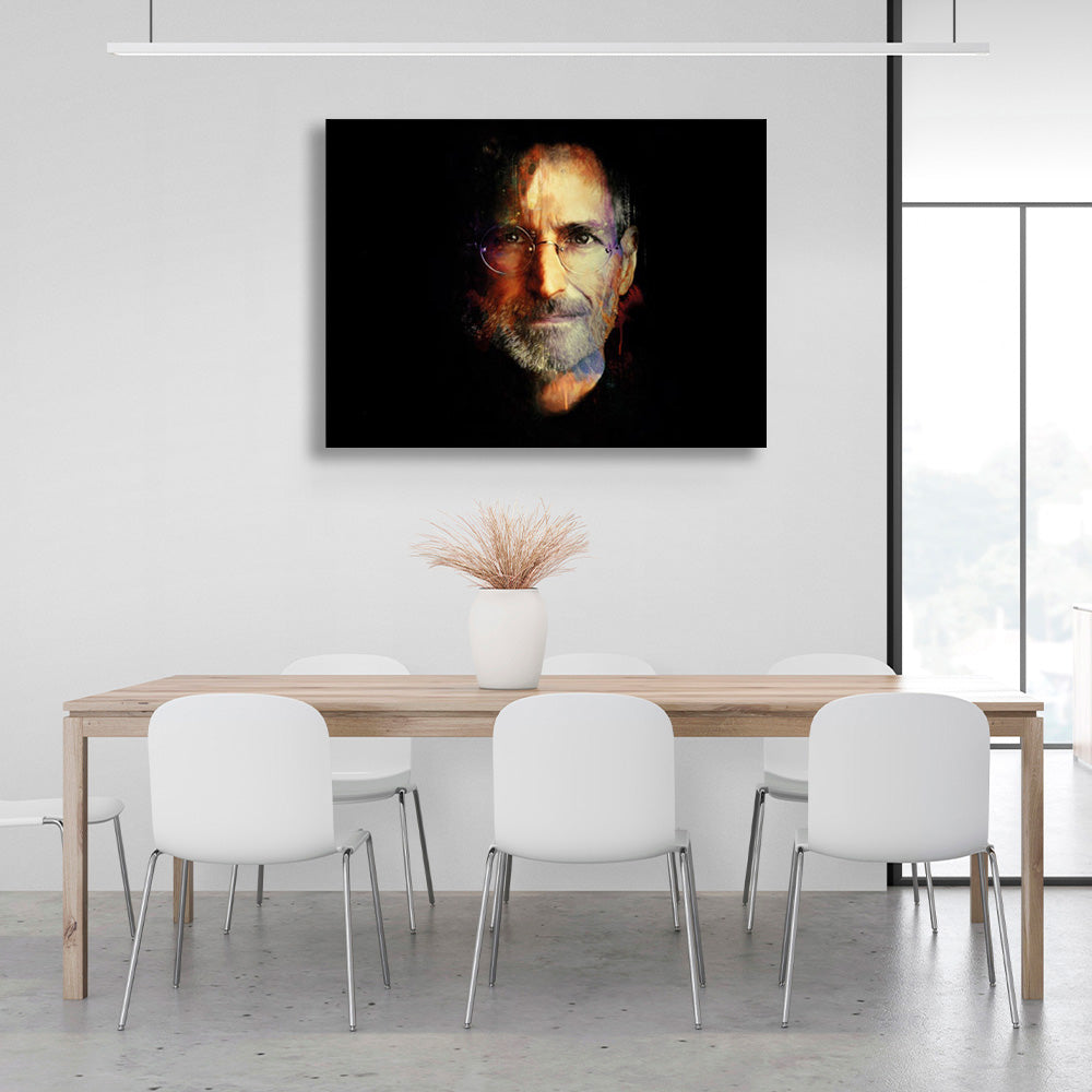 Kunstdruck auf Leinwand mit Steve Jobs auf schwarzem Hintergrund