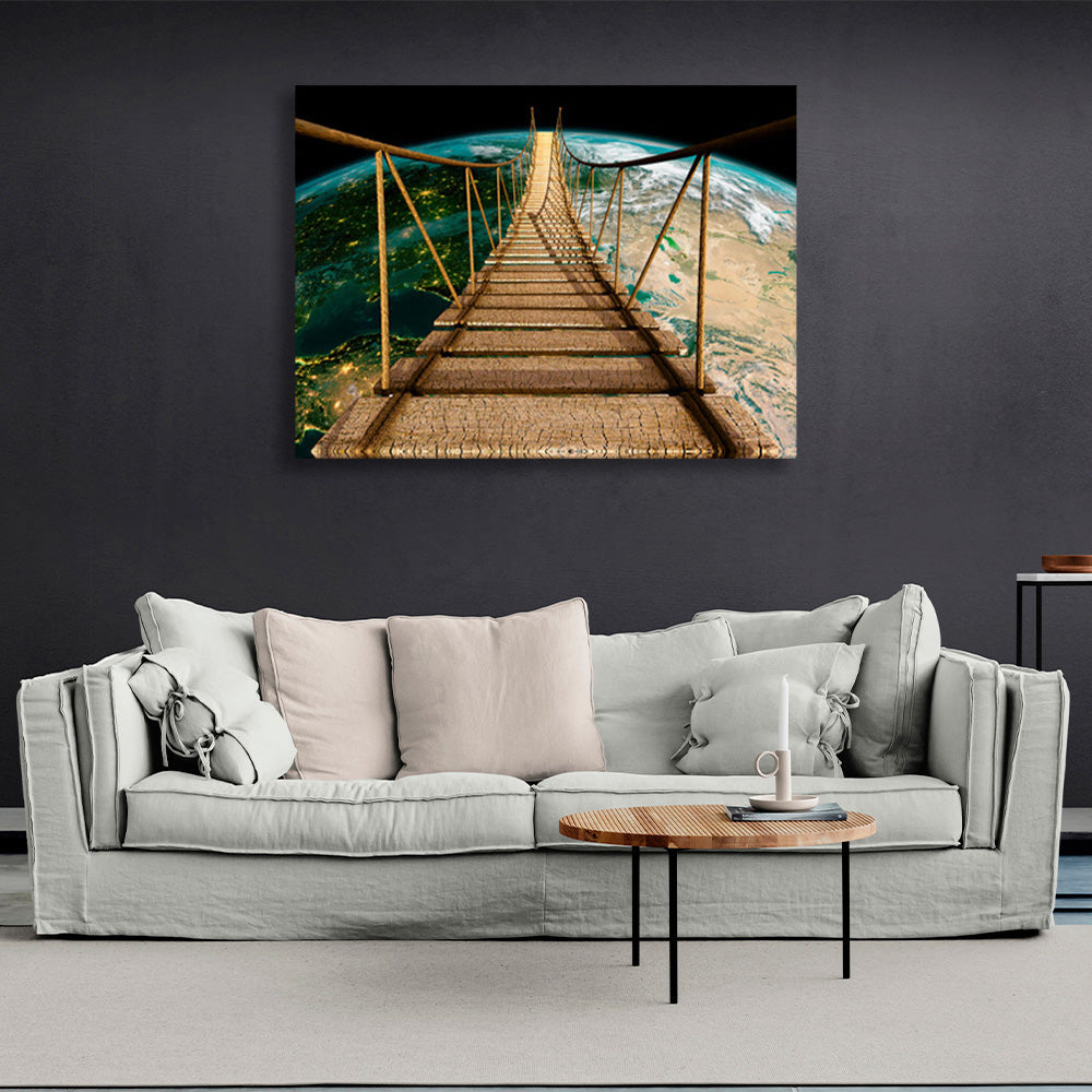 A rope bridge over planet Earth Canvas Wall Art Print