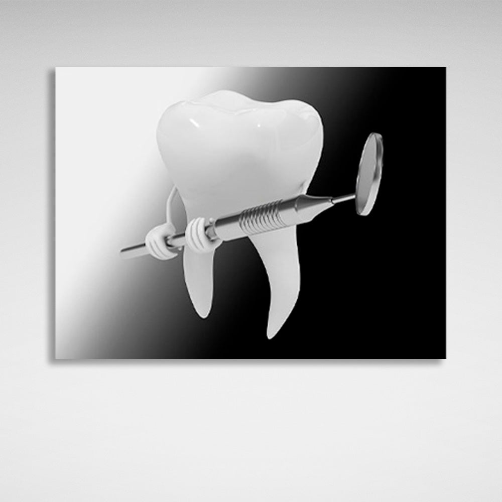 A white tooth with a dental instrument in his hands Canvas Wall Art Print